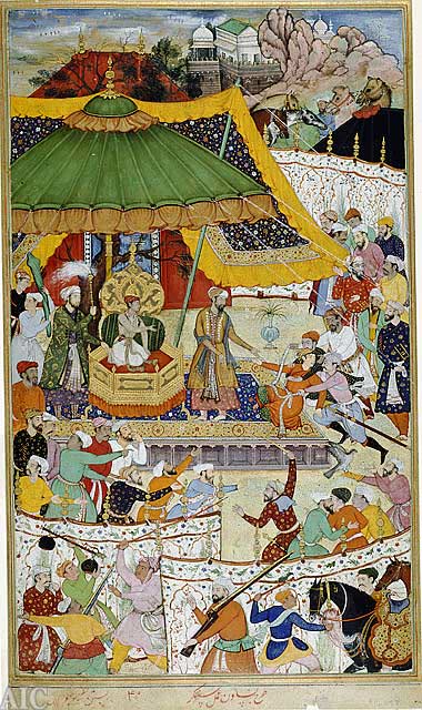
The Young Emperor Akbar Arrests the Insolent Shah Abu’l-Maali, page from a manuscript of the Akbarnama title QS:P1476,en:"The Young Emperor Akbar Arrests the Insolent Shah Abu’l-Maali, page from a manuscript of the Akbarnama "label QS:Len,"The Young Emperor Akbar Arrests the Insolent Shah Abu’l-Maali, page from a manuscript of the Akbarnama "
