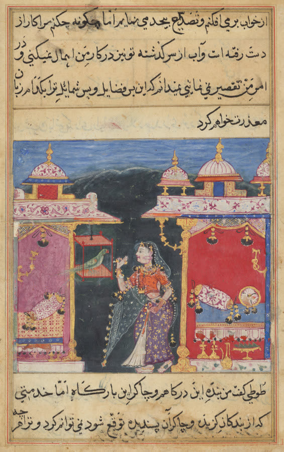 The Parrot Addresses Khujasta at the Beginning of the Seventh Night, from a Tuti-nama (Tales of a Parrot)